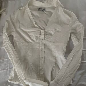 Princess Polly Cream Button-Front Long Sleeve Blouse